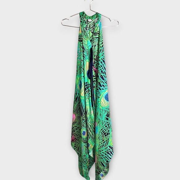 Tunic Womens Dress Sz Large Green Blue Peacock Silk Layers Caftan Boho Swiftie - Picture 2 of 16